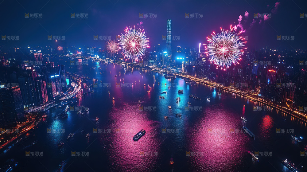现代城市烟花夜景节日