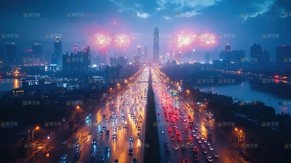 现代城市烟花夜景节日