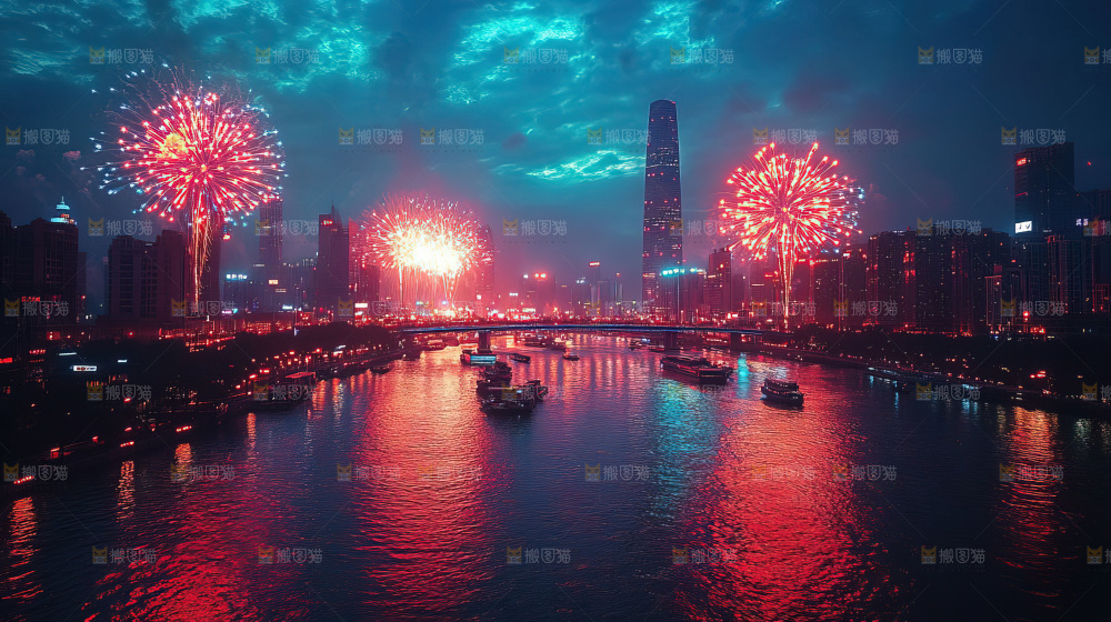 现代城市烟花夜景节日