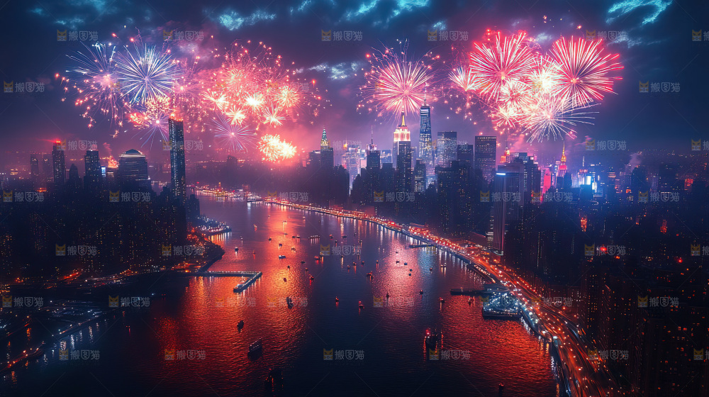 现代城市烟花夜景节日