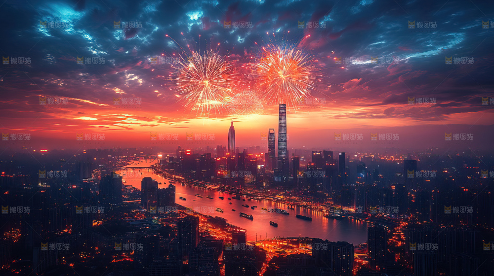 现代城市烟花夜景节日