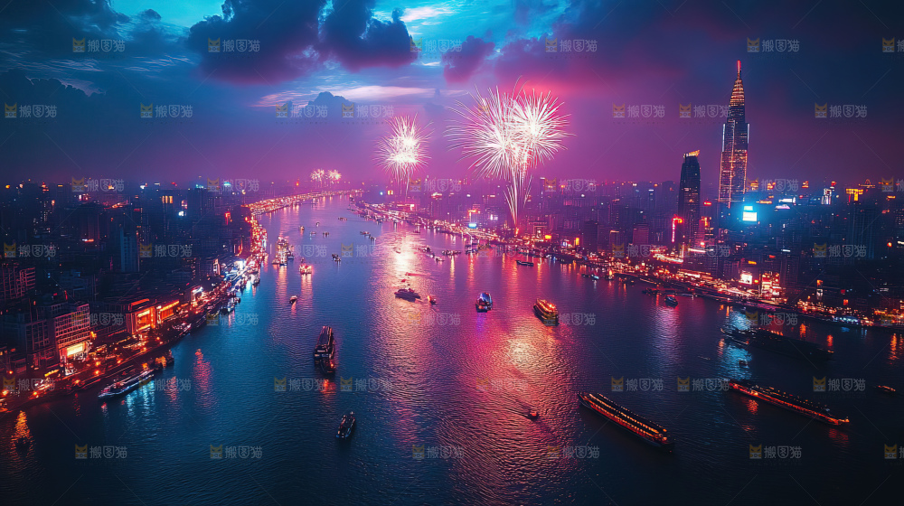 现代城市烟花夜景节日