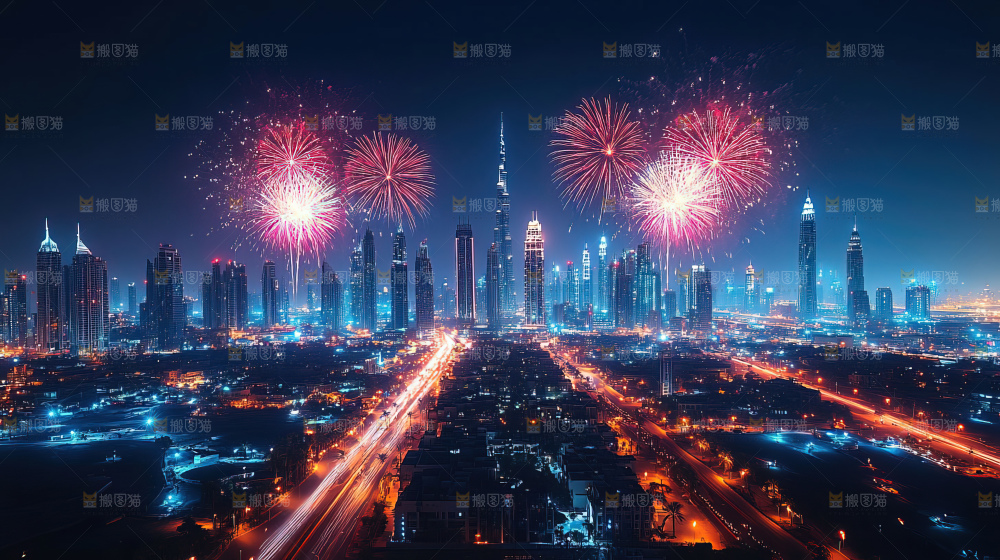 现代城市烟花夜景节日