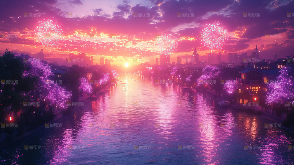 现代城市烟花夜景节日