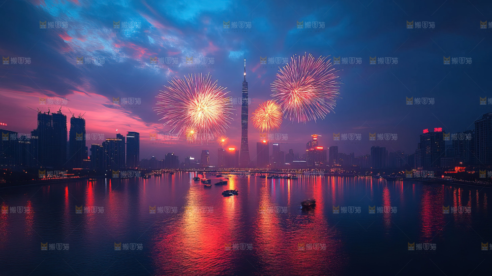 现代城市烟花夜景节日