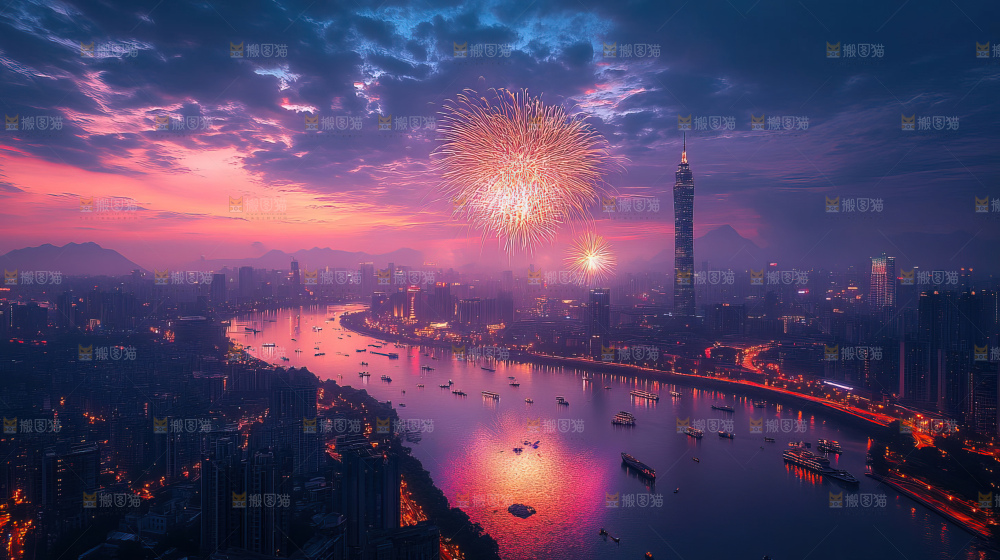 现代城市烟花夜景节日