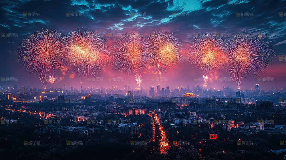 现代城市烟花夜景节日