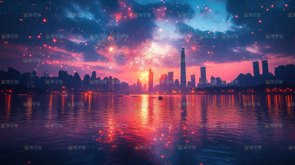 现代城市烟花夜景节日