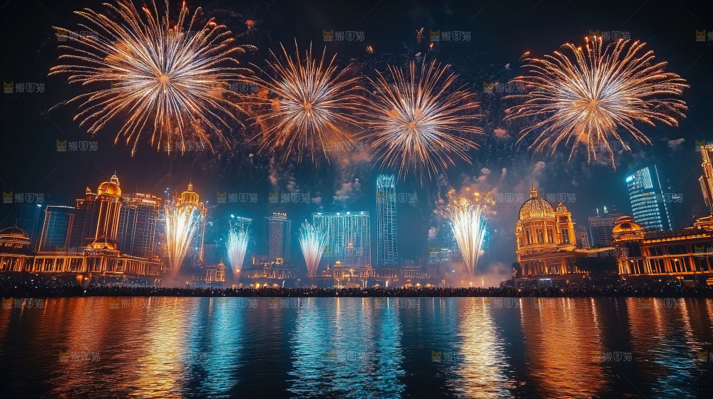 现代城市烟花夜景节日