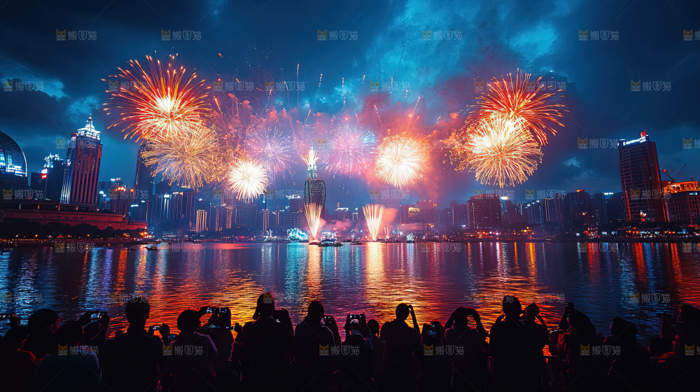 现代城市烟花夜景节日