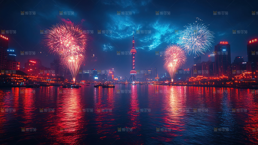 现代城市烟花夜景节日