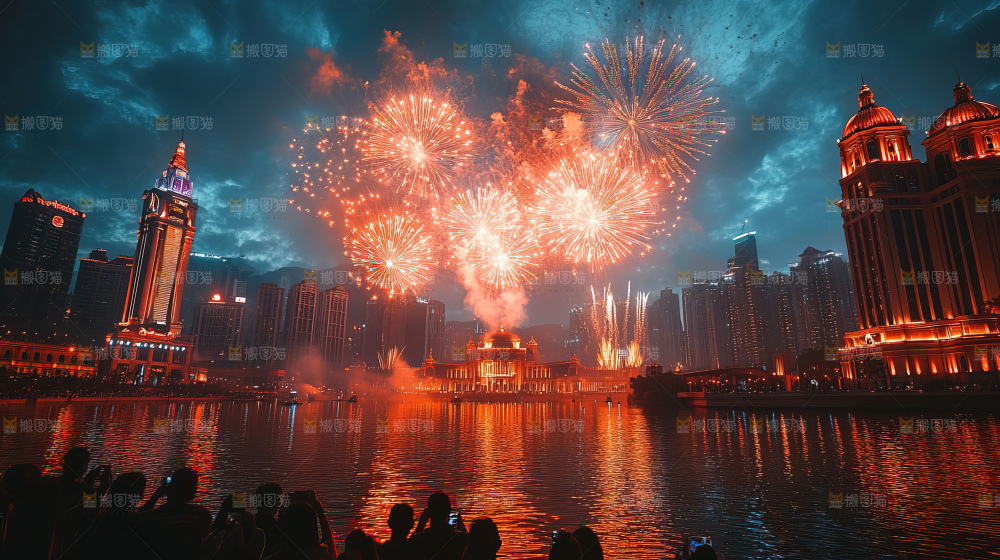 现代城市烟花夜景节日