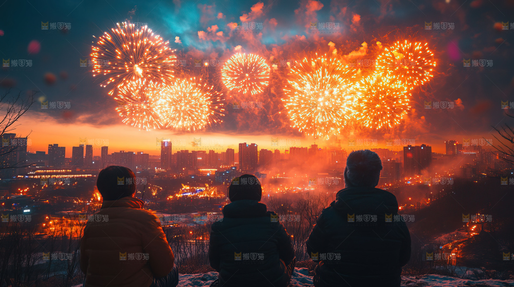 现代城市烟花夜景节日