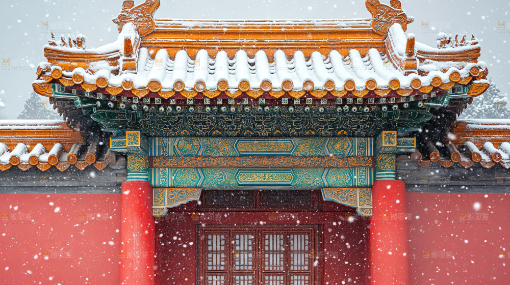 宫殿冬季飘雪新年传统建筑红墙