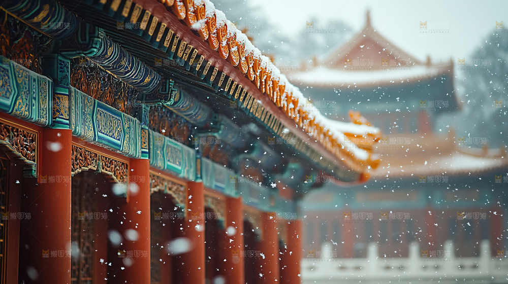 宫殿冬季飘雪新年传统建筑红墙