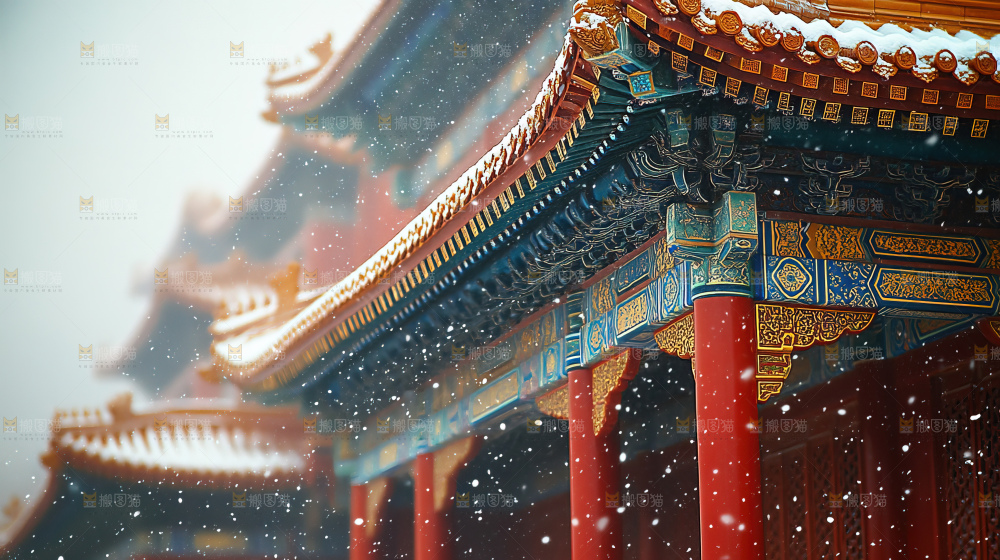 宫殿冬季飘雪新年传统建筑红墙