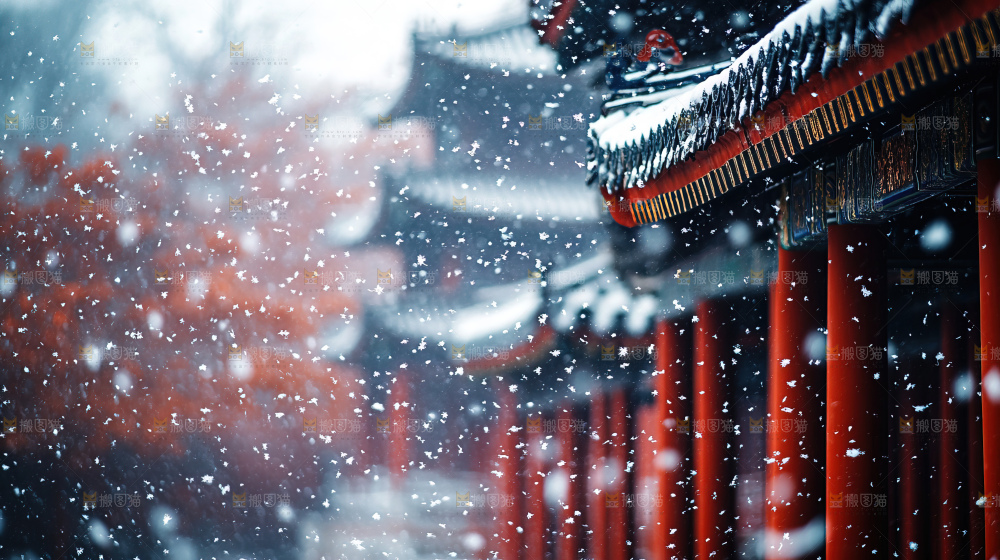 宫殿冬季飘雪新年传统建筑红墙