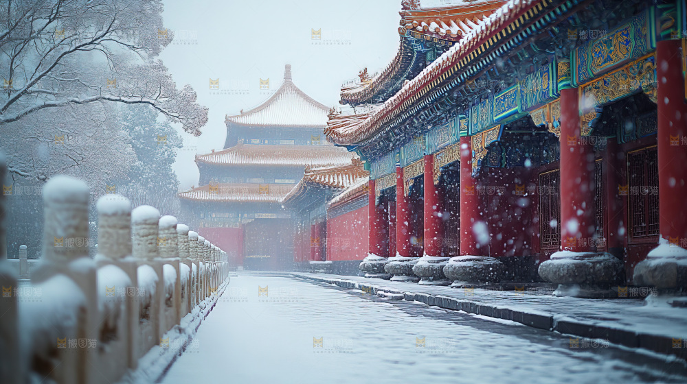 宫殿冬季飘雪新年传统建筑红墙