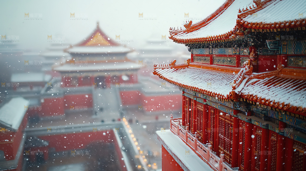 宫殿冬季飘雪新年传统建筑红墙